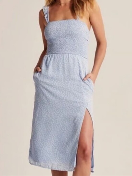 Abercrombie & Fitch Dresses & Skirts - Abercrombie & Fitch Blue Floral Smocked Midi Dress S Side Slit Ruffles Pockets